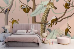 Giraffes and sloths wallpaper mural fototapet personalizat zenaria light pink1