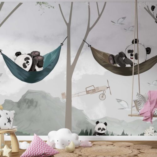 Variatii - Tapet Joyful Pandas Verde