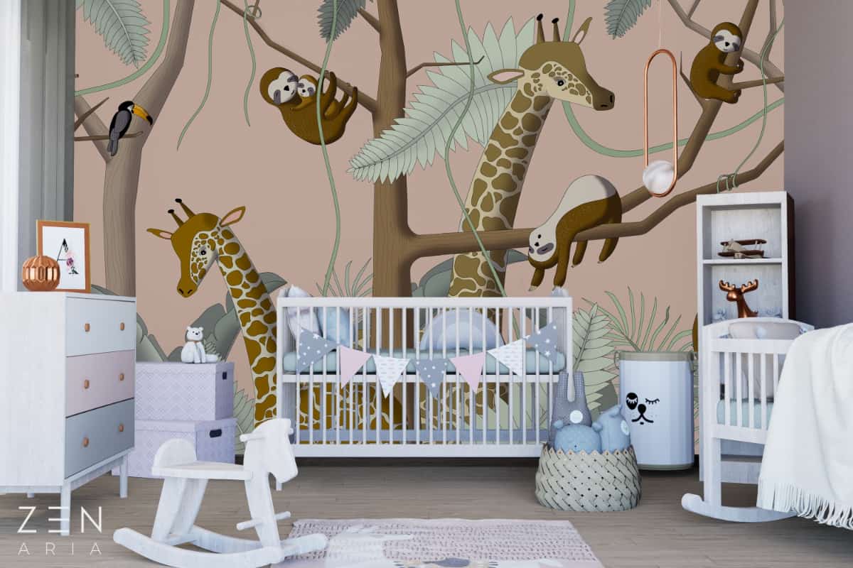 2. Amenajare camera de fete - tapet cu girafe, lenesi, copaci si patut de copii-min_1