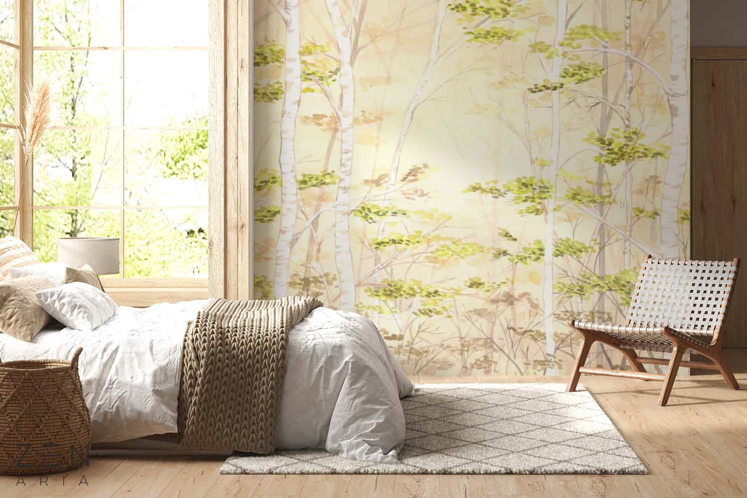 2. Modele de tapet pentru dormitor - recomandări de tapet în funcție de dimensiunile și stilul dormitorului - Tapet Fag Tihna Galben, model de tapet cu copaci, frunze verzi (3)