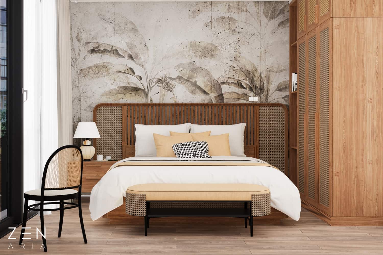 2. Modele de tapet pentru dormitor - recomandări de tapet în funcție de dimensiunile și stilul dormitorului - Tapet Grenada Harvest Sepia, model de tapet cu frunze de bananier, tropical (4)