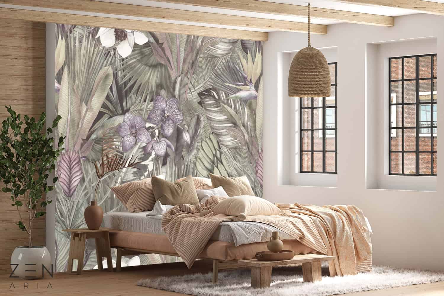 2. Modele de tapet pentru dormitor - recomandări de tapet în funcție de dimensiunile și stilul dormitorului - Tapet Japan Mystic Garden Verde, model de tapet cu lotus și flori (2)