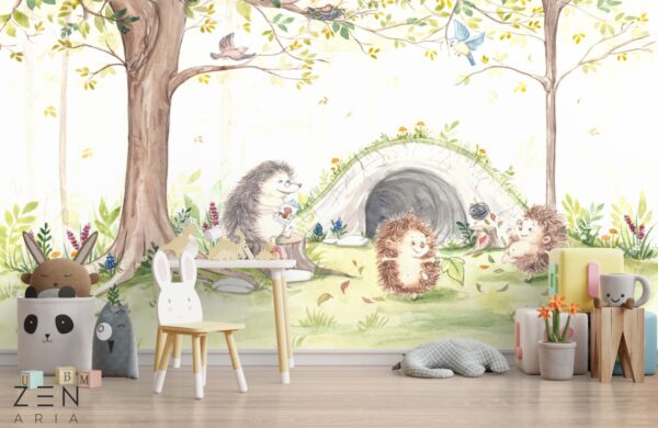 Camera de fete - tapet cu arici, pasari, scorbura, copaci, padure