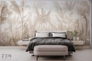Palm leaves and Flowers Vegetatie si Tropical Mural Wallpaper Fototapet Personalizat Zenaria Tapet Dancing Plumes Maro1