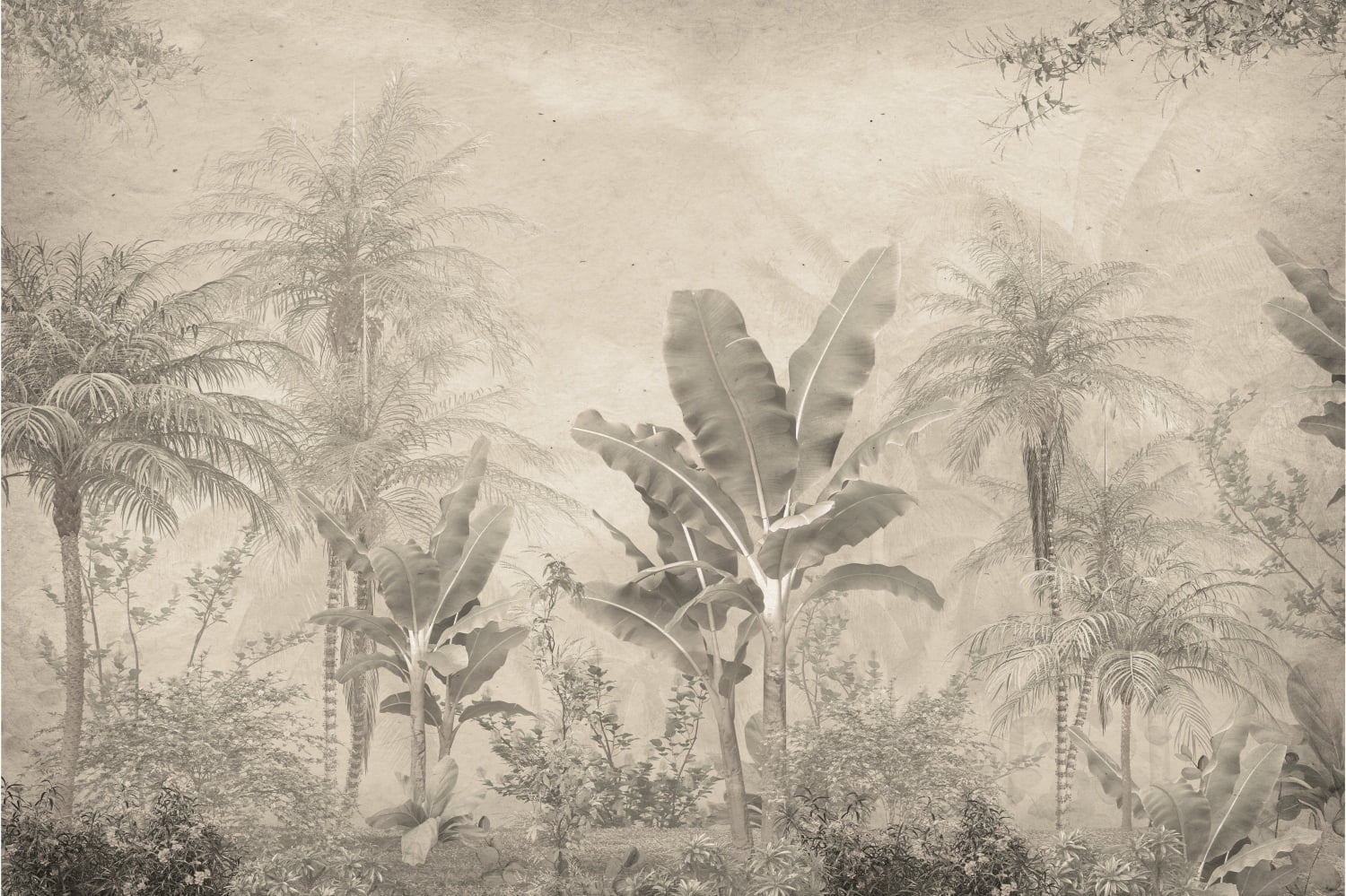 Palm-tree-and-Jungle-Tropical-si-Vegetatie-Mural-Wallpaper-Fototapet-Personalizat-Zenaria-Tapet-Eternal-Greens-Sepia Tapet Eternal Greens Maro 2