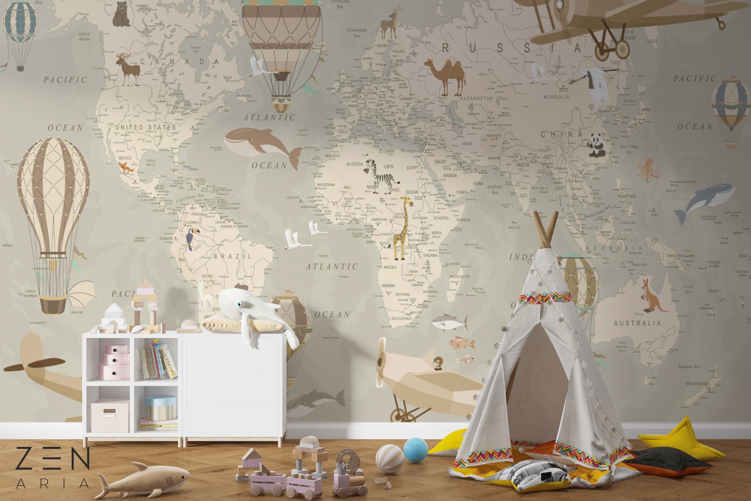 Hot Air Baloons Animals Pasari Harta Lumii Avioane Mural Wallpaper Fototapet Personalizat Zenaria Tapet Map Learning Journey