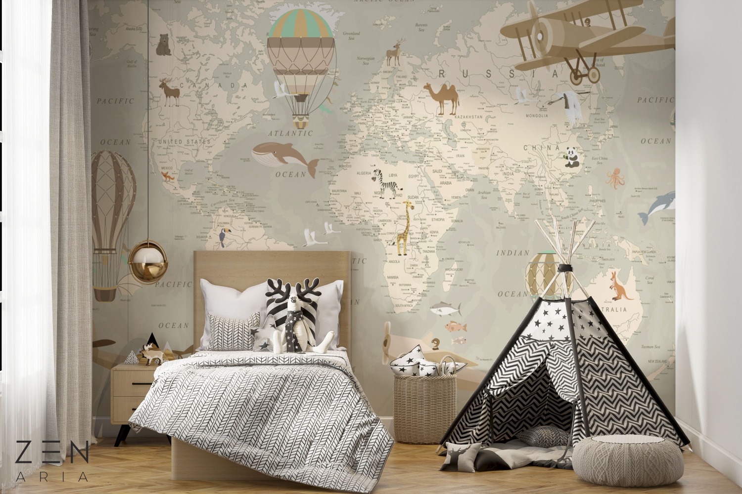 Hot Air Baloons Animals Avion Harta Lumii Avioane Mural Wallpaper Fototapet Personalizat Zenaria Tapet Map Learning Journey