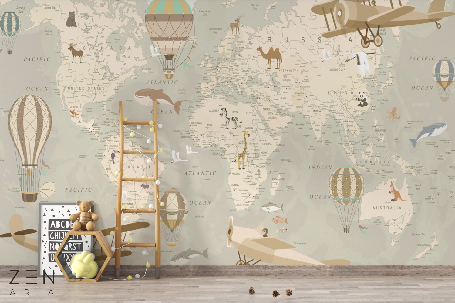 Hot Air Baloons Animals Avion Harta Lumii Avioane Mural Wallpaper Fototapet Personalizat Zenaria Tapet Map Learning Journey