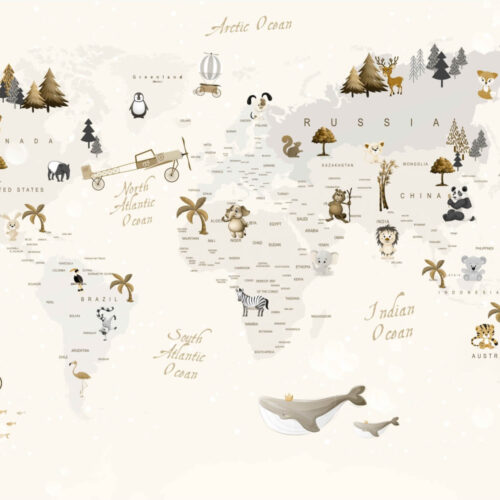 Animals and Map Avion si Harta Mural Wallpaper Fototapet Personalizat Zenaria Tapet Kiddie Cartography