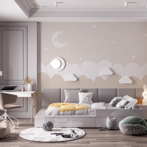 Moon and Stars Stele si Nori Mural Wallpaper Fototapet Personalizat Zenaria Tapet Dreamy Crescent Crem