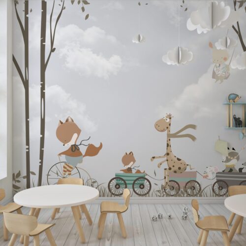 Tree and Animal Bicicleta si Leagan Mural Wallpaper Fototapet Personalizat Zenaria Tapet Forest Playtime