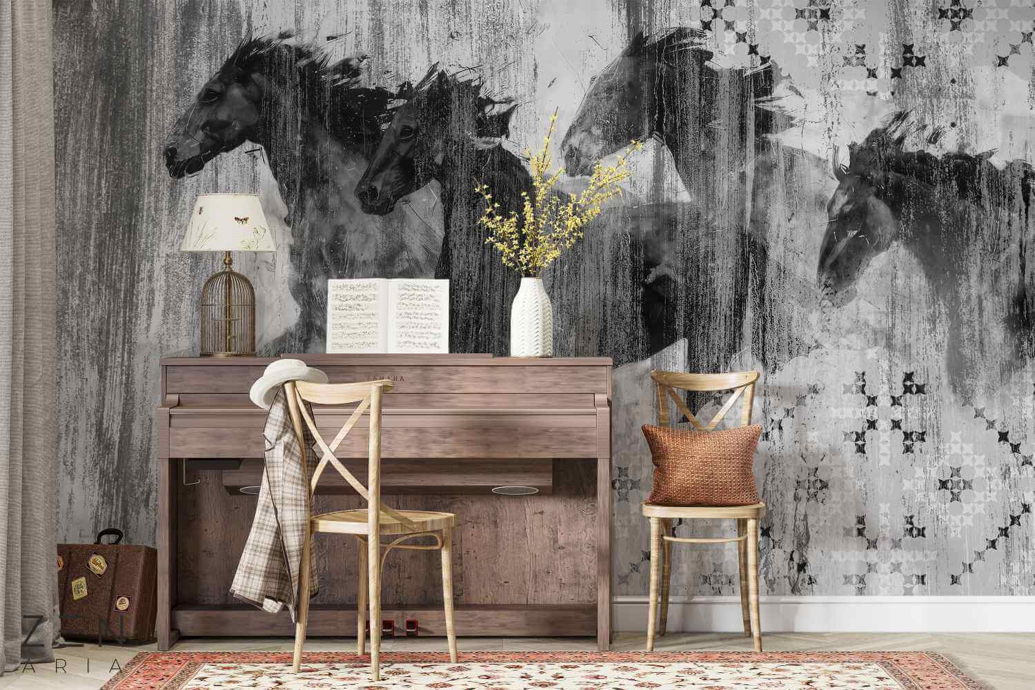 Horse and Traditional Romania si Motive Mural Wallpaper Fototapet Personalizat Zenaria Tapet Trace Gri