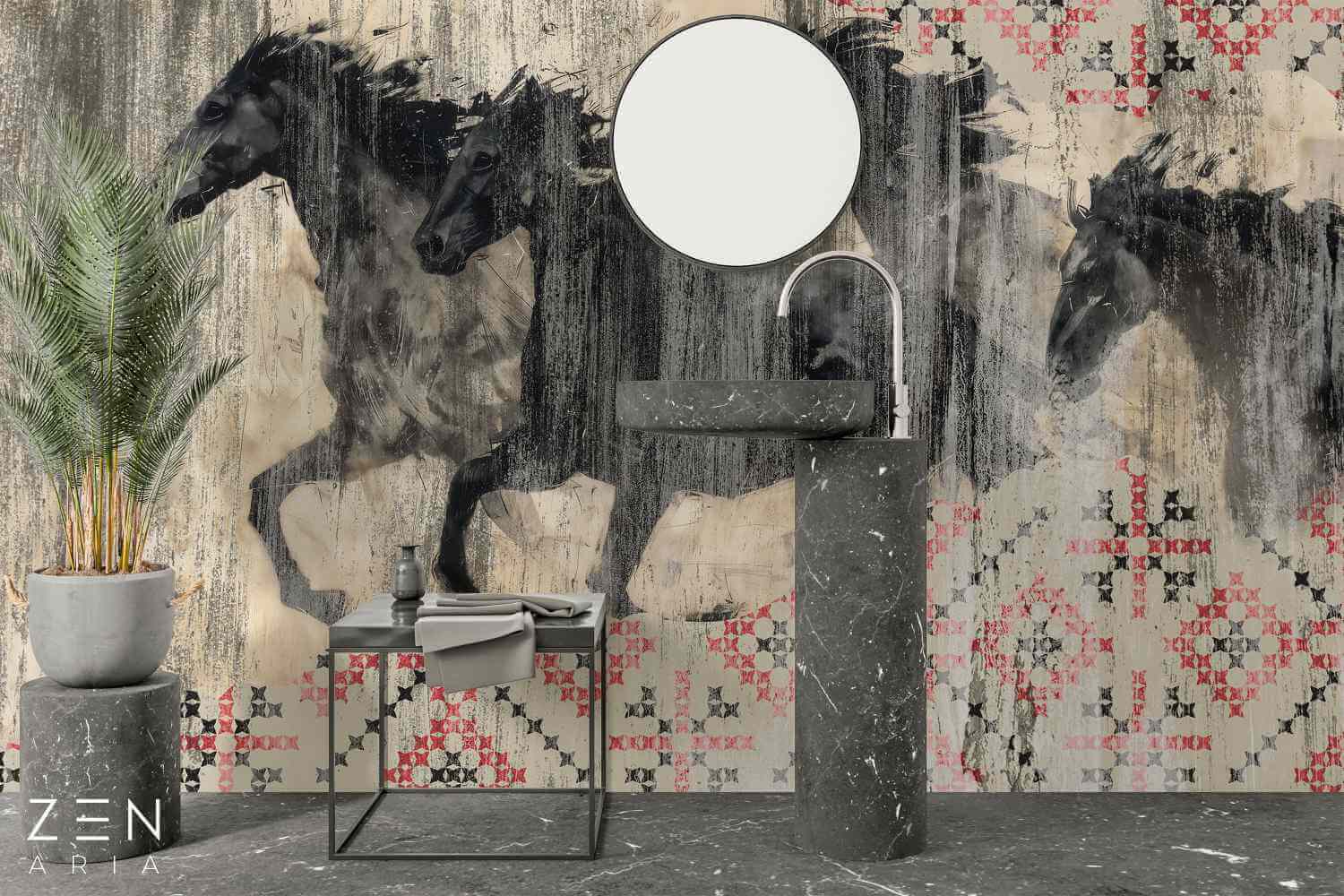 Horse and Traditional Romania si Motive Mural Wallpaper Fototapet Personalizat Zenaria Tapet Trace Rosu