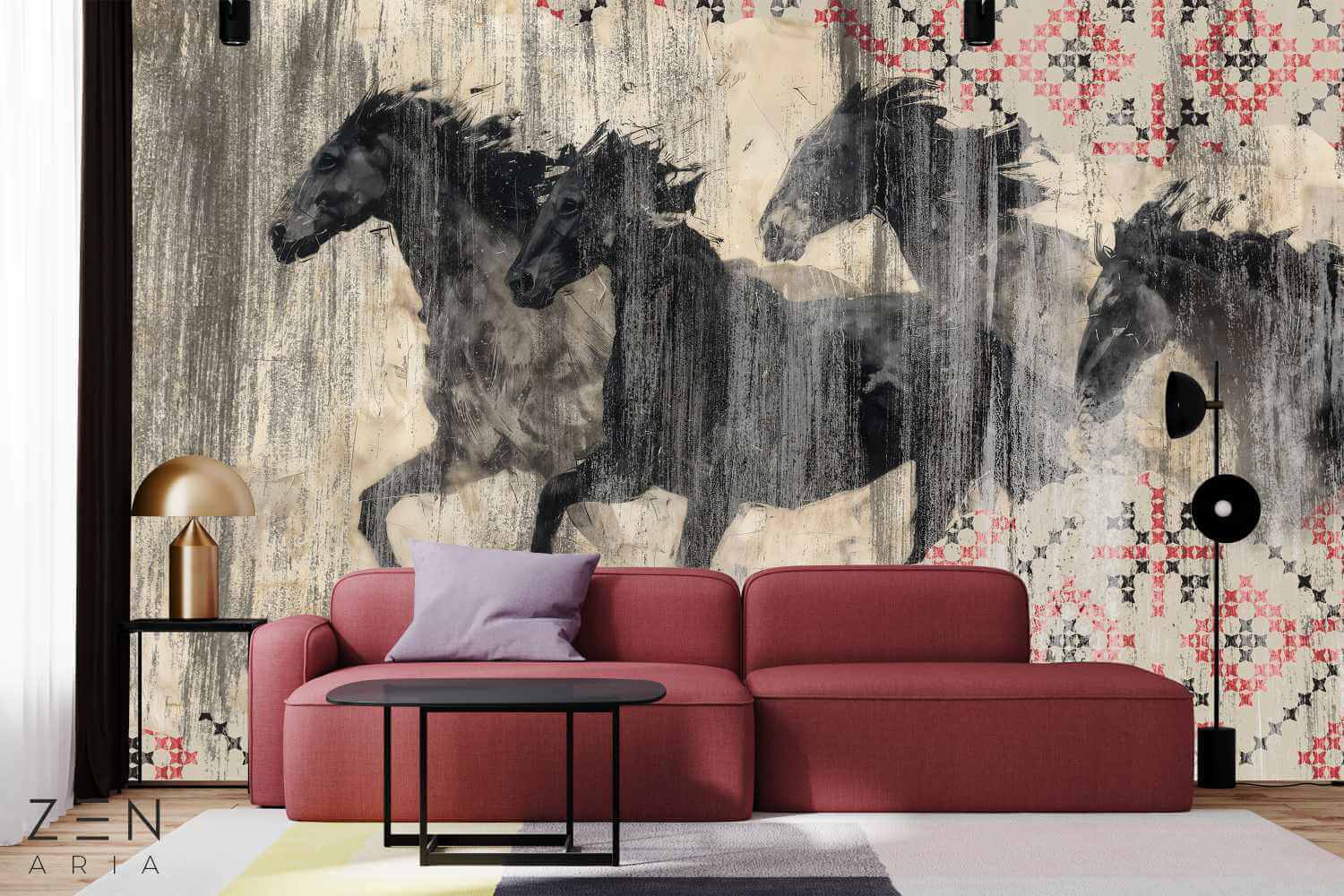Horse and Traditional Romania si Motive Mural Wallpaper Fototapet Personalizat Zenaria Tapet Trace Rosu